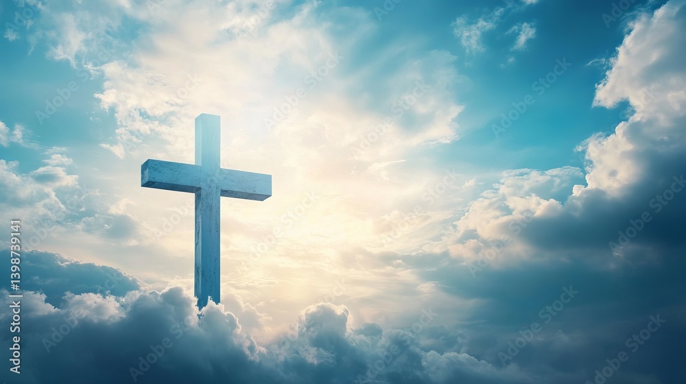 Christian cross in heaven background image for easter and good friday with blue sky and clouds scene Christian cross in heaven background image for easter and good friday with blue sky and clouds scene