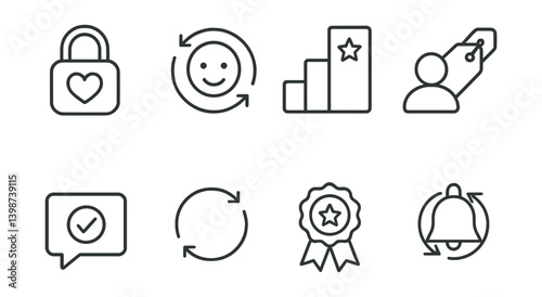 Set of icons with a bell, a smiley face, a heart, a star, a lock, a check mark