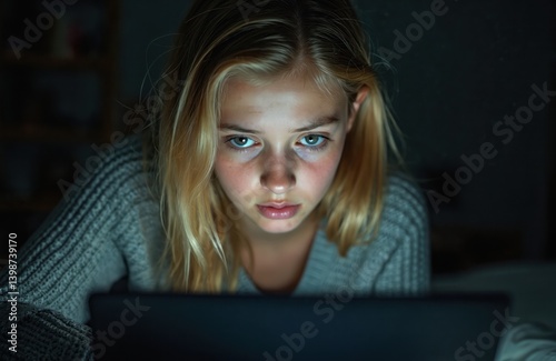 Teenage girl reads hurtful messages laptop. Cyberbullying issue emotional stress, mental health, social media. Youth feeling anxiety, isolation, distress, self-esteem. Technology, communication,