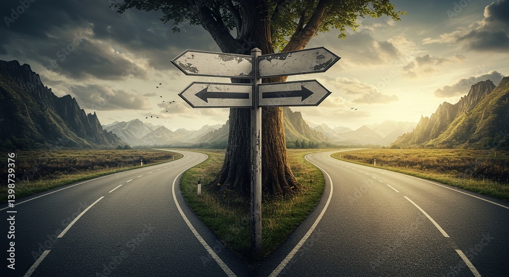 Fototapeta premium Dramatic Fork in the Road with a Weathered Signpost Under a Cloudy Sky, Symbolizing Choices and Decisions.