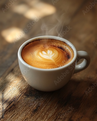 A steaming cup of coffee on a rustic wooden table, with a rich crema topping the espresso and soft light casting shadows on the surface, emphasizing the warmth and texture of the coffee.