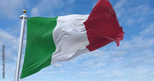 Italy flag with flagpole waving in wind, rolling clouds background looping, 4K video (Perfect Loop)