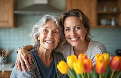 Portrait smiling senior woman, caregiver. Elderly lady with grey hair, embraced by woman. Friendship, compassion in nursing home setting. Support, care, togetherness, love, medical healthcare for
