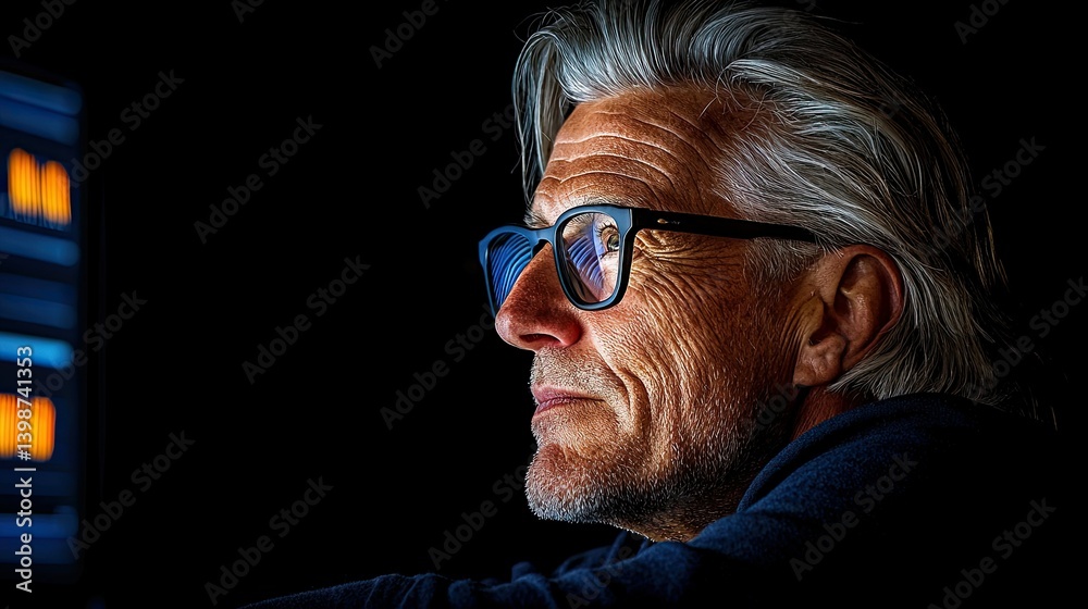 Obraz premium Intense Focus: A Man Gazing at a Data Stream