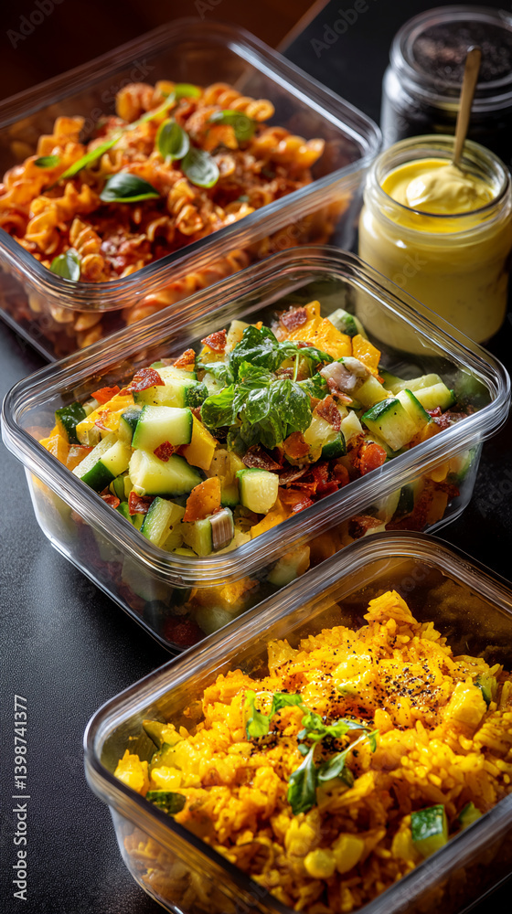 Obraz premium Three glass containers hold prepared food: pasta, vegetable salad, and saffron rice. The image showcases healthy meal prep, ideal for lunch or dinner.