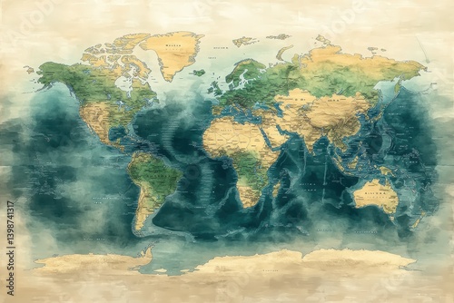 World map showcasing minimalistic design with geographical details and earthy tones