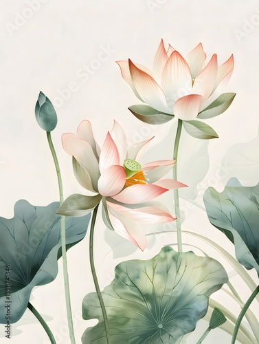 Watercolor Painting Of Lotus Blossoms In Pastel Pink And Green Tones Against A Soft Light Background