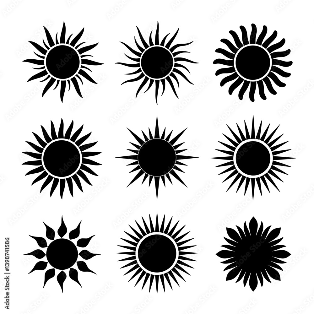 Sun Silhouette Vector Bundle Black and White Sun Clipart EPS Illustration Sun Silhouette Vector Bundle Black and White Sun Clipart EPS Illustration