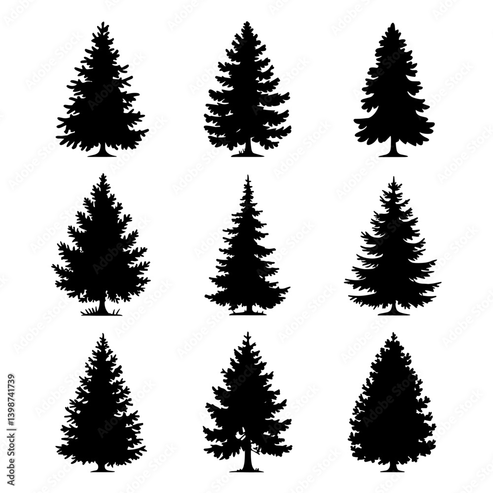 Obraz premium Spruce Tree Silhouette Vector Bundle Black and White Spruce Tree Clipart EPS Illustration