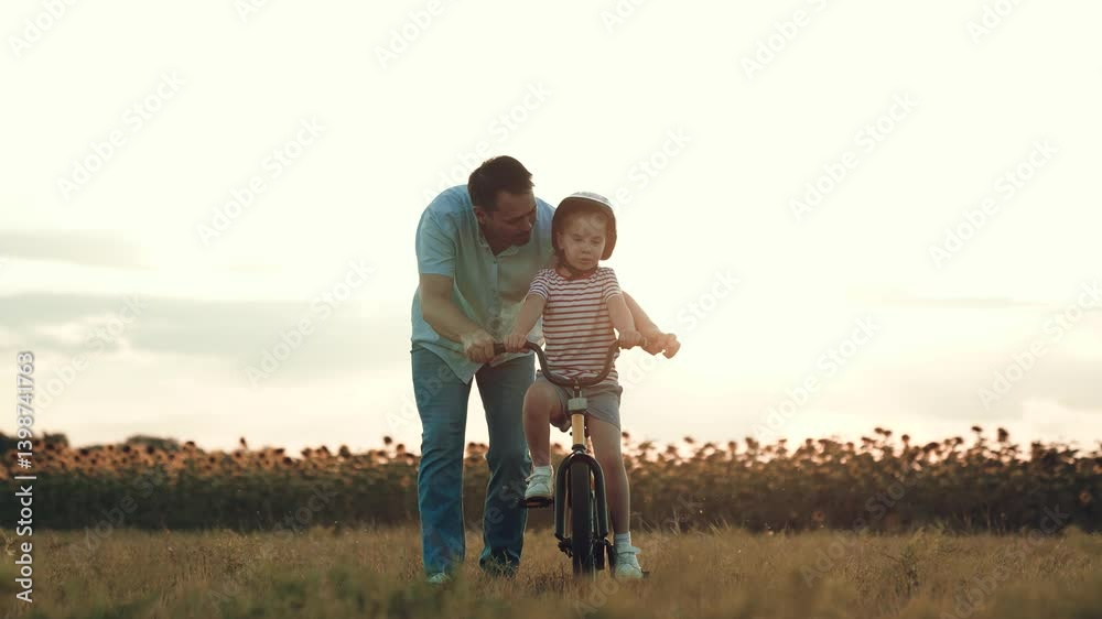 Father holds bicycle while little daughter learns to ride vehicle in rural meadow. Father helps little girl to ride bicycle in park at sunset light. Father and daughter play with bicycle together Father holds bicycle while little daughter learns to ride vehicle in rural meadow. Father helps little girl to ride bicycle in park at sunset light. Father and daughter play with bicycle together