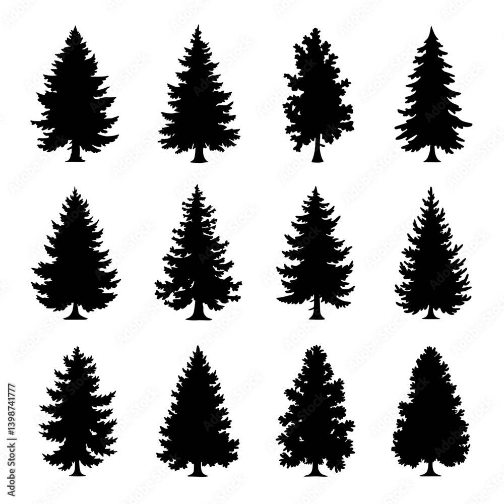 Obraz premium Spruce Tree Silhouette Vector Bundle Black and White Spruce Tree Clipart EPS Illustration