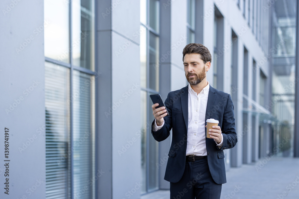 A man in a suit reviews his phone while walking outdoors, holding a coffee cup. The background shows a modern office building.