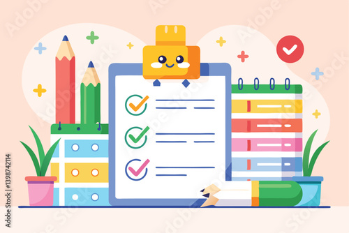 Cute cartoon checklist, colorful school supplies, smiling clipboard character, pencils, books, calculator, plant, gradient background, flat design illustration, pastel colors, education concept