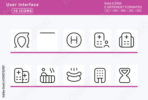 Set of 5 thin user interface icons, face, fearful, icon, flat, vector, glasses, grin, tongue, wink, hand, yawn, head, bandage, hushed, icicles, lying