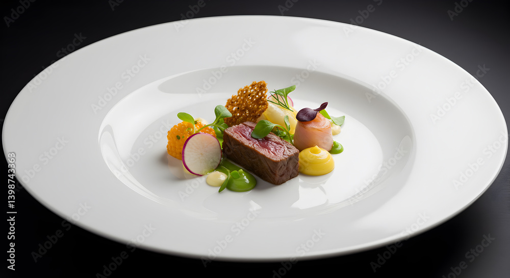 Gourmet Dish Presented on a Large Empty Plate with Artistic Plating Gourmet Dish Presented on a Large Empty Plate with Artistic Plating