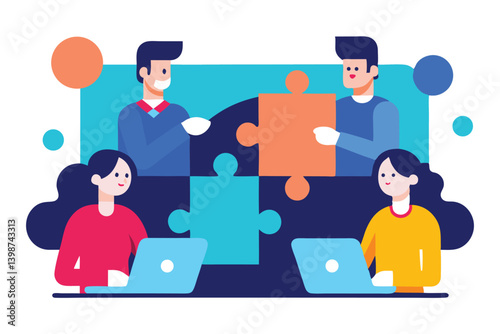 Stylized cartoon illustration, teamwork concept, puzzle pieces, four people collaborating, vibrant colors, flat design, geometric shapes, laptops, business professionals, problem-solving, unity, 