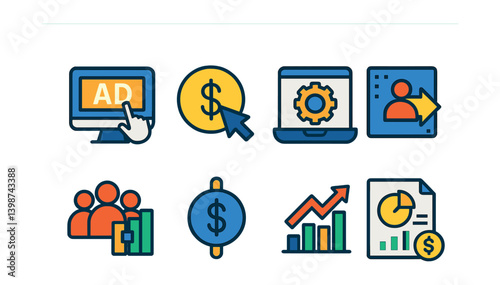 Set of icons for a computer screen, including a dollar sign