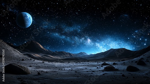 A breathtaking view of an alien landscape under a starry sky, featuring a distant planet, rocky terrain, and shimmering galaxies that evoke a sense of wonder and exploration.