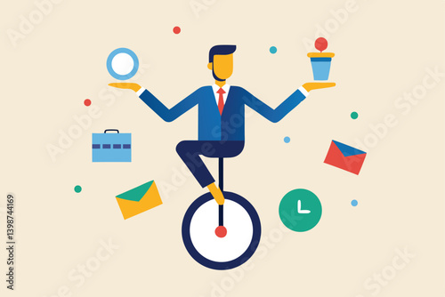 Businessman balancing on unicycle, juggling office items, colorful geometric shapes, flat design illustration, minimalist style, business concept, multitasking metaphor, vibrant colors, 