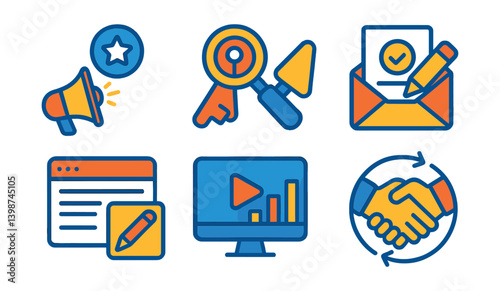 Set of icons for a computer screen, including a keyboard, mouse, and monitor