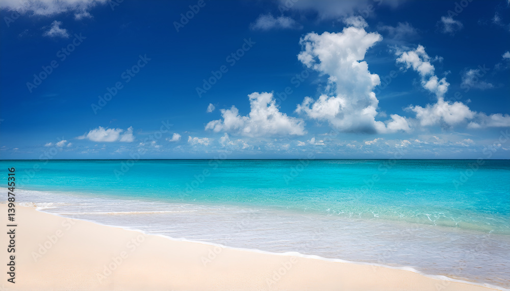 Brightly vivid tropical sandy beach, blue sky, blue seanocean, white sandy beach, no people Brightly vivid tropical sandy beach, blue sky, blue seanocean, white sandy beach, no people