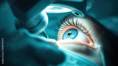 Eye Exam: Close-up of a medical professional examining a patient's blue eye with specialized equipment.