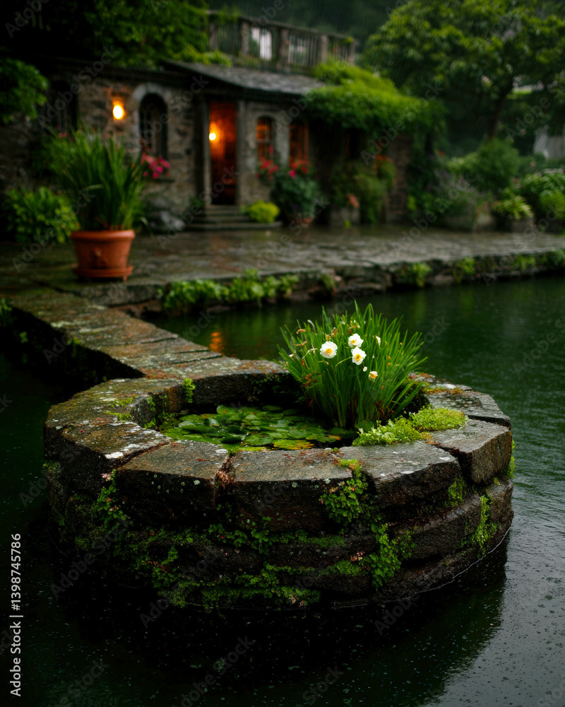 Fototapeta premium Serene pond retreat with lush bioplateau surrounded by charming natural elements