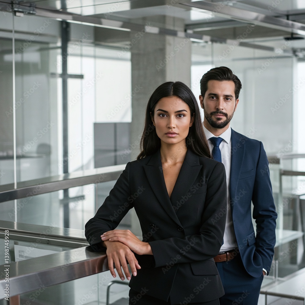A confident man and woman in professional attire standing in a modern office, exuding professionalism and business acumen. The office setting highlights their corporate presence. A confident man and woman in professional attire standing in a modern office, exuding professionalism and business acumen. The office setting highlights their corporate presence.