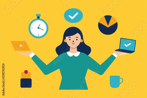 Cartoon illustration, businesswoman juggling multiple tasks, multitasking concept, yellow background, flat design, vibrant colors, office icons, clock, checkmark, download symbol, laptop, coffee mug, 