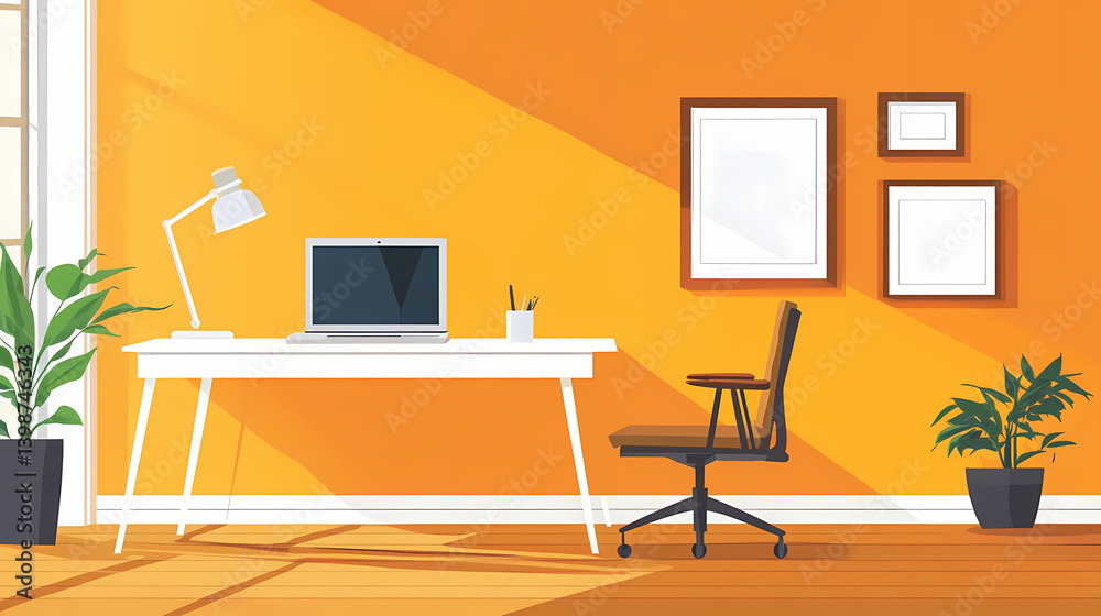 Stylish office, orange wall, white desk, laptop, wooden chair, modern interior design, stock photo for text, high resolution with hollowed. Hollowed Text. Illustration Stylish office, orange wall, white desk, laptop, wooden chair, modern interior design, stock photo for text, high resolution with hollowed. Hollowed Text. Illustration