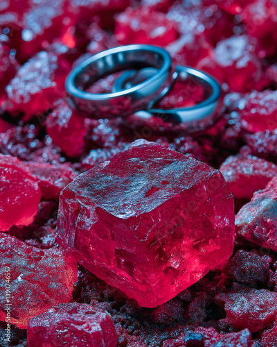 Love rings amid vibrant ruby corundum gems on a textured surface in an enchanting display