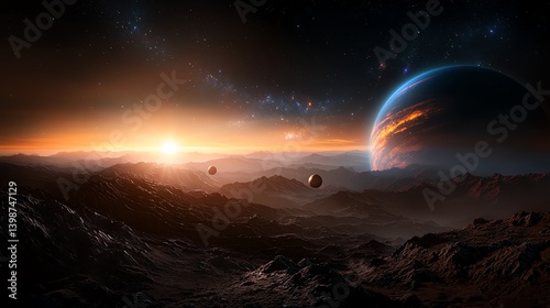 A breathtaking view of a distant planet at sunrise, showcasing vibrant colors and cosmic elements