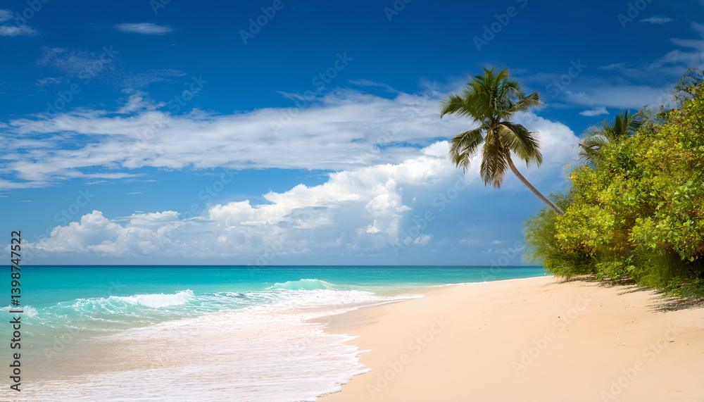 Brightly vivid tropical sandy beach, blue sky, blue seanocean, white sandy beach, no people Brightly vivid tropical sandy beach, blue sky, blue seanocean, white sandy beach, no people