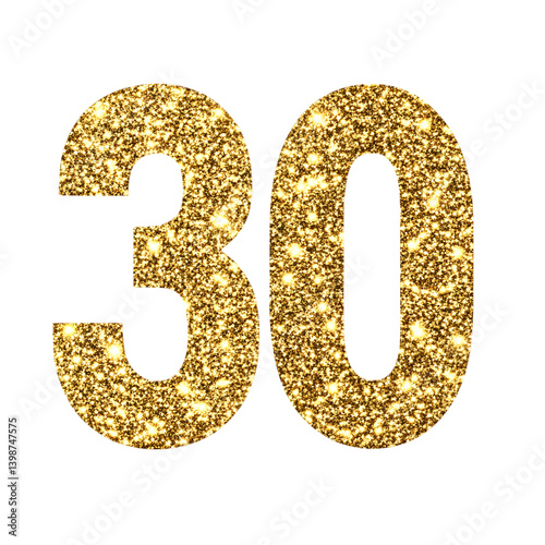 Sparkling Gold Glitter Number 30 on Dark Surface for Festive Anniversary and Celebration Designs