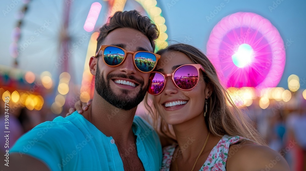 A smiling man captures joyful and entertaining moments at a vibrant, colorful carnival beneath the night sky