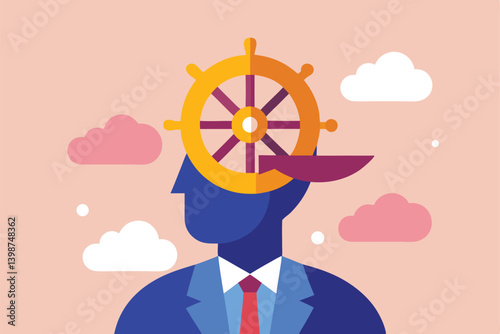Business leadership, ship's wheel head, strategic direction, corporate navigation, blue suit, red tie, abstract portrait, pink clouds, minimalist design, flat illustration, creative concept, 