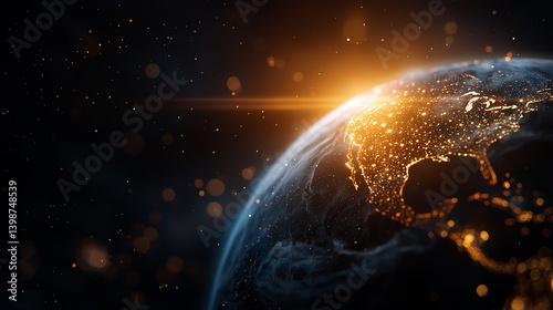 A stunning view of Earth from space, showcasing illuminated cities against a dark backdrop