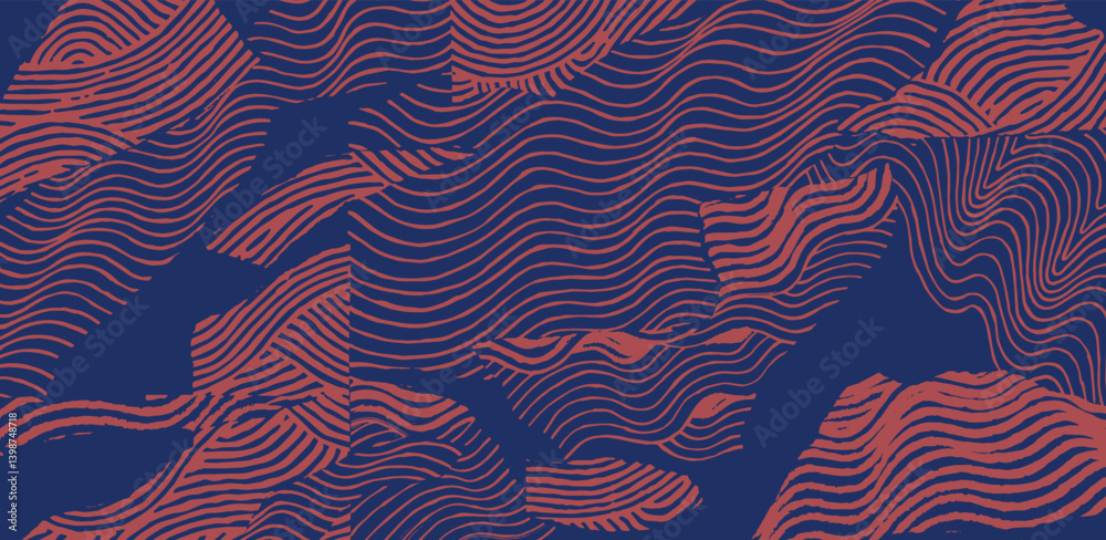 Fototapeta premium Crafted hand drawn brush lines abstract wave and water collage pattern, Japanese wood carving, engraving texture background, simple and experimental graphic for carpet, textile