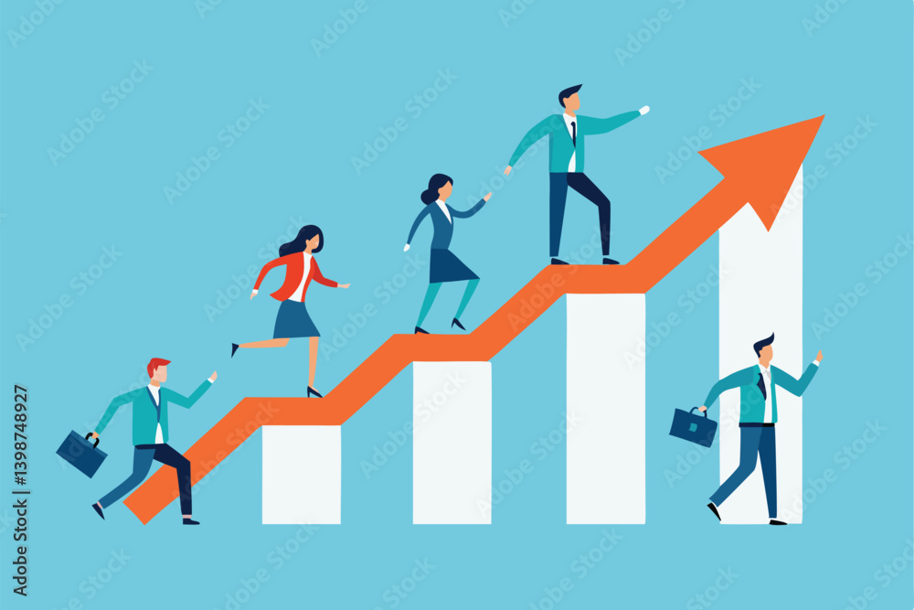 business growth chart, ascending arrow, teamwork, collaboration, climbing figures, blue background, white bar graph, orange arrow, achievement, progress, stylized illustration, minimalist design, business growth chart, ascending arrow, teamwork, collaboration, climbing figures, blue background, white bar graph, orange arrow, achievement, progress, stylized illustration, minimalist design,