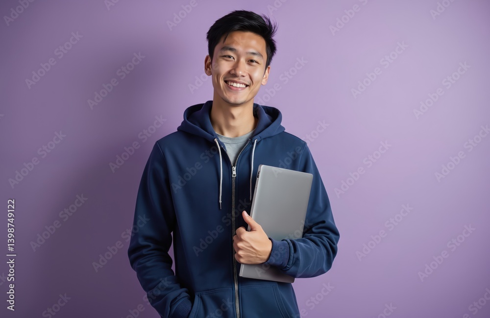 Smiling Asian male student in blue hoodie holds laptop. Young guy poses against purple background. Education, study, online learning, university, college concepts. Smiling Asian male student in blue hoodie holds laptop. Young guy poses against purple background. Education, study, online learning, university, college concepts.