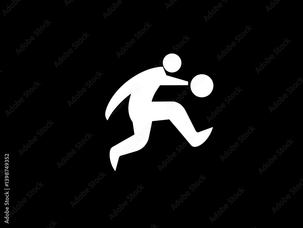 Minimalist logo design featuring a stylized figure in motion with a ball on a black background for sports-related themes Minimalist logo design featuring a stylized figure in motion with a ball on a black background for sports-related themes