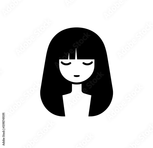 Minimalist icon featuring a serene, black-haired girl with closed eyes and a calm expression