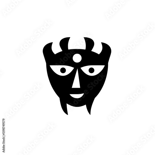 Minimalistic black icon depicting a stylized face with distinct features and symmetrical elements
