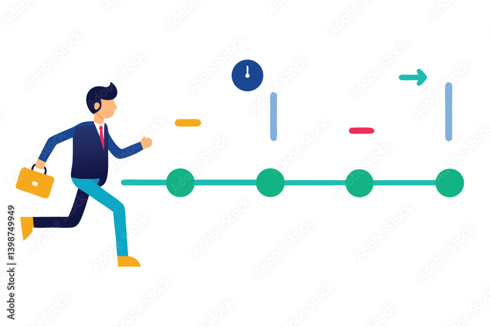 Flat design illustration, businessman running, colorful timeline, progress milestones, career path visualization, blue and green dots, minimalist style, dynamic pose, briefcase, professional attire, Flat design illustration, businessman running, colorful timeline, progress milestones, career path visualization, blue and green dots, minimalist style, dynamic pose, briefcase, professional attire,