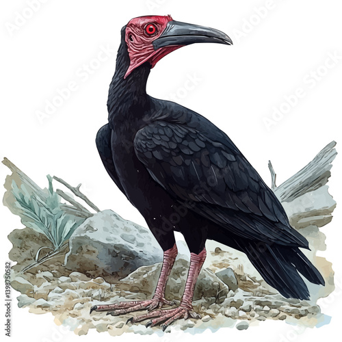 Southern ground hornbill, watercolor illustration, isolated on a white background.

