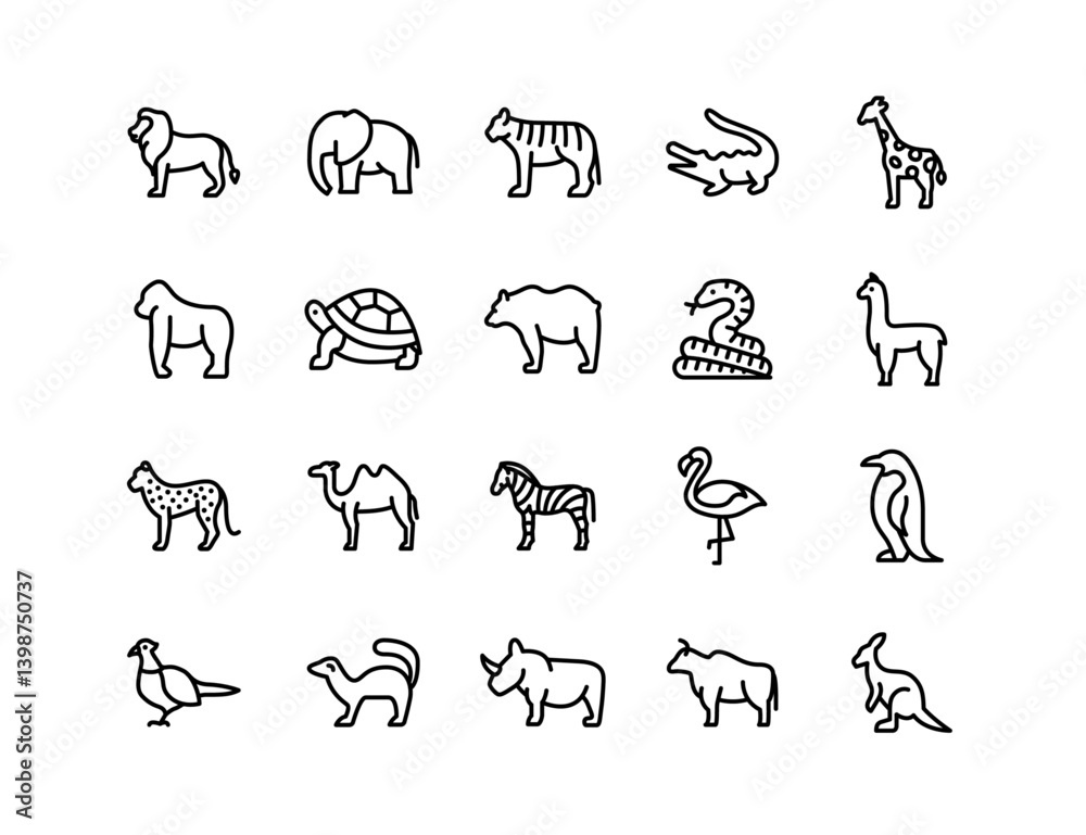 Zoo Animals Vector Icon Set | Adjustable Line Weight | Lion, elephant, giraffe, crocodile, penguin, zebra, wildlife, safari, exotic, jungle, wild animal, nature exploration icons Zoo Animals Vector Icon Set | Adjustable Line Weight | Lion, elephant, giraffe, crocodile, penguin, zebra, wildlife, safari, exotic, jungle, wild animal, nature exploration icons