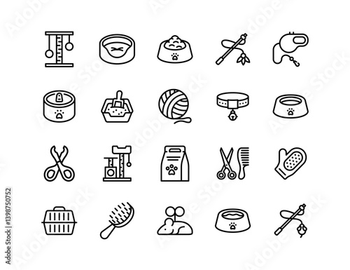 Cat Care Vector Icon Set | Adjustable Line Weight | Grooming, feeding bowl, pet accessories, litter box, cat toys, collar, scratching post, pet supplies, feline hygiene icons