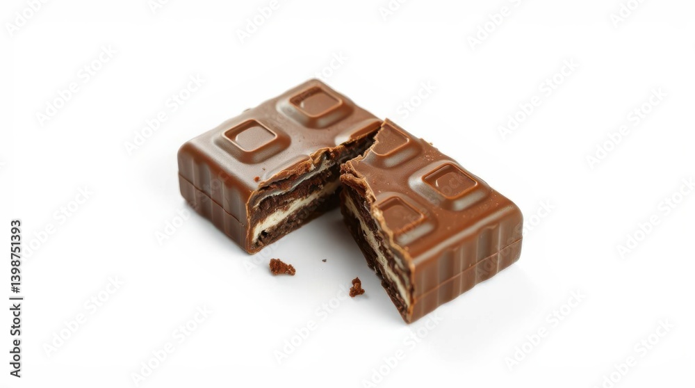 Cracked chocolate candy bar with cream filling exposes the sweet treat against a bright white background. Cracked chocolate candy bar with cream filling exposes the sweet treat against a bright white background.