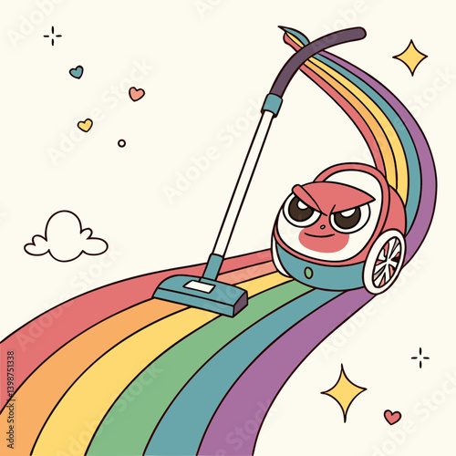 Cool vacuum emoji riding across a rainbow carpet