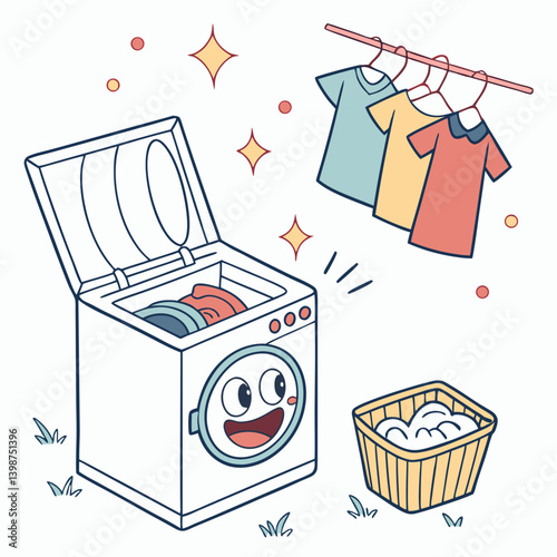 Washing machine emoji smiling with clean clothes flying